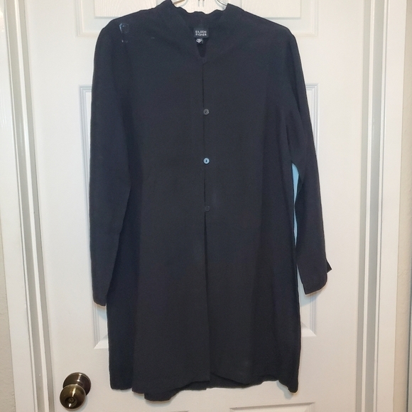 Eileen Fisher Linen Blend Jacket Sz M Black 4 Button-Front